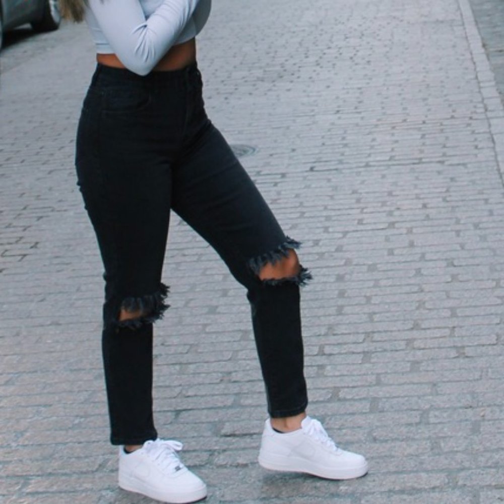 Distressed High Waisted Black Denim Jeans 